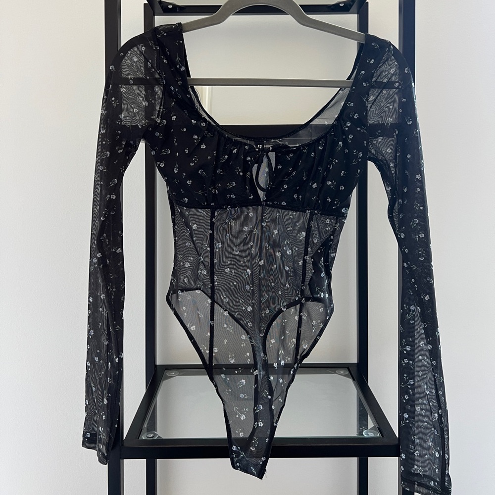 H&M Black Sheer Bodysuit with Floral Design